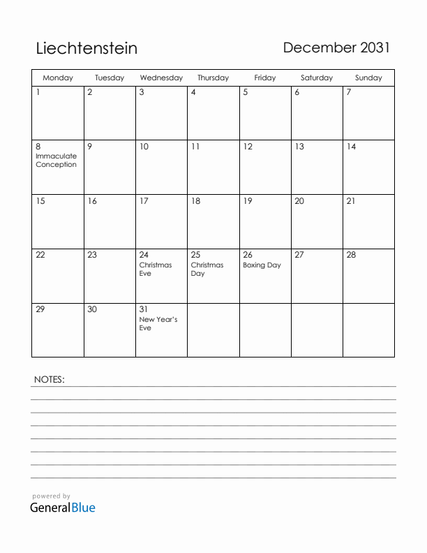 December 2031 Liechtenstein Calendar with Holidays (Monday Start)