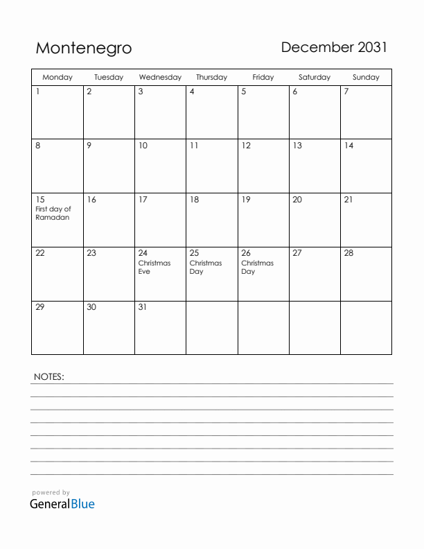 December 2031 Montenegro Calendar with Holidays (Monday Start)