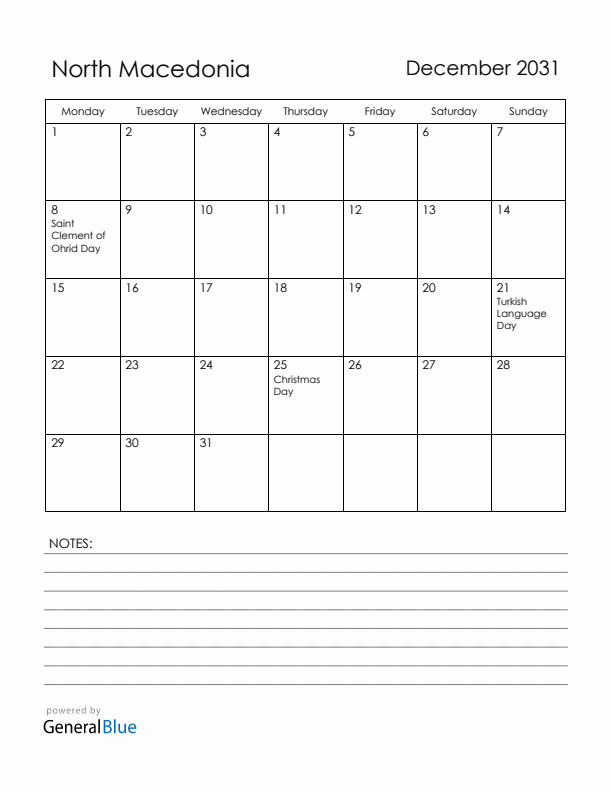 December 2031 North Macedonia Calendar with Holidays (Monday Start)