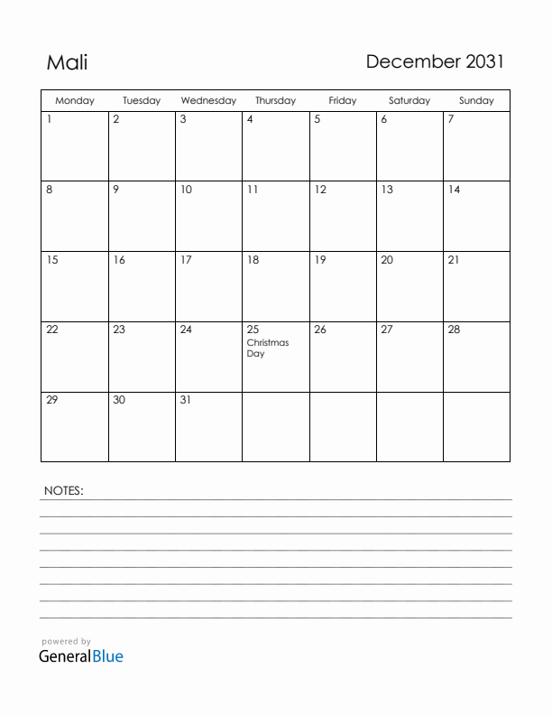 December 2031 Mali Calendar with Holidays (Monday Start)