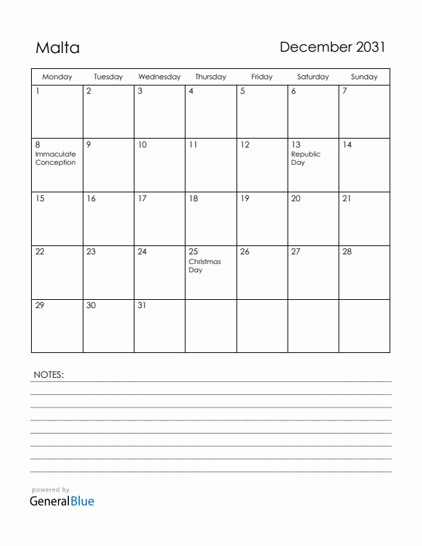 December 2031 Malta Calendar with Holidays (Monday Start)