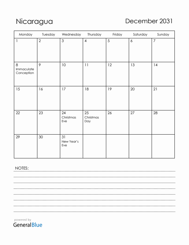 December 2031 Nicaragua Calendar with Holidays (Monday Start)