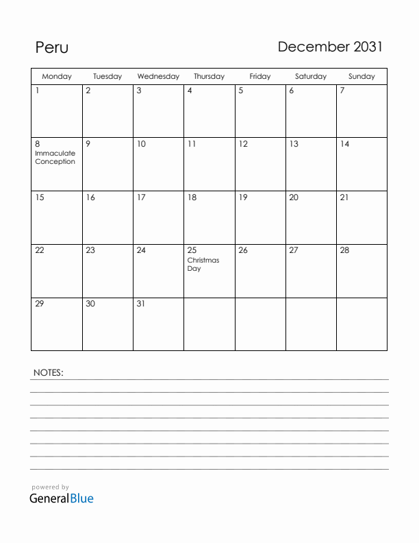 December 2031 Peru Calendar with Holidays (Monday Start)