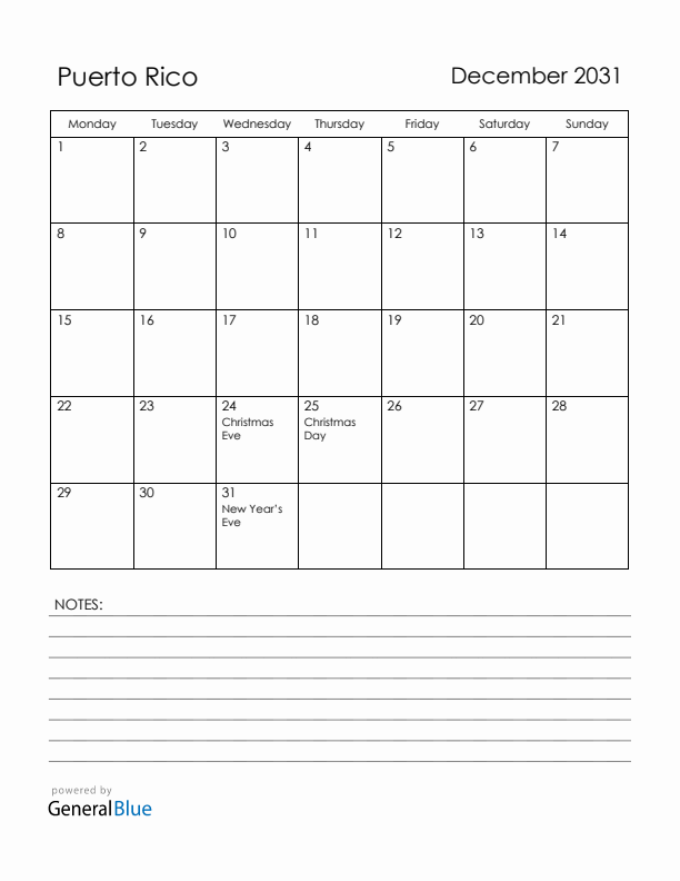 December 2031 Puerto Rico Calendar with Holidays (Monday Start)