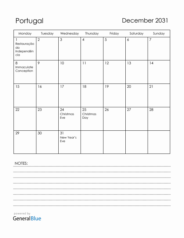 December 2031 Portugal Calendar with Holidays (Monday Start)