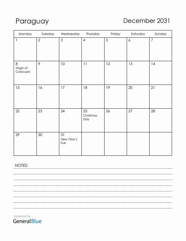 December 2031 Paraguay Calendar with Holidays (Monday Start)