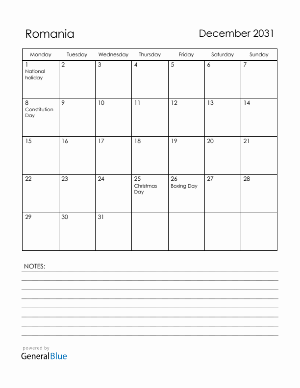 December 2031 Romania Calendar with Holidays (Monday Start)