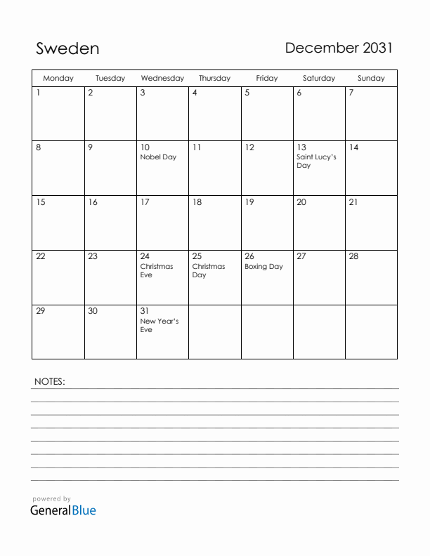 December 2031 Sweden Calendar with Holidays (Monday Start)