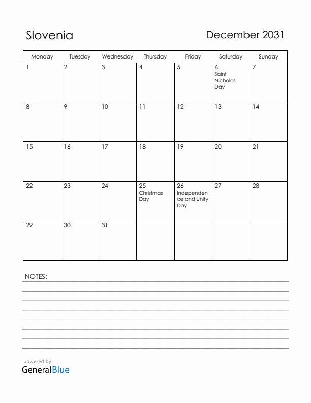 December 2031 Slovenia Calendar with Holidays (Monday Start)
