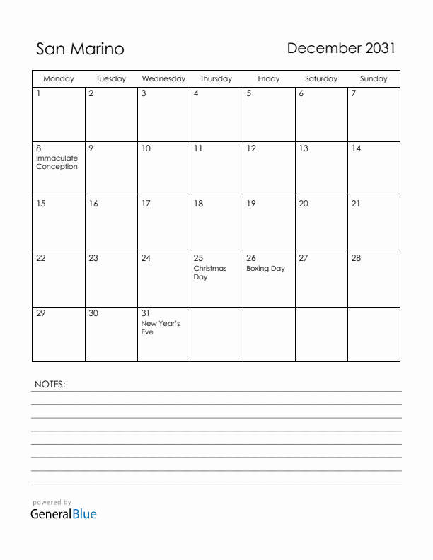 December 2031 San Marino Calendar with Holidays (Monday Start)