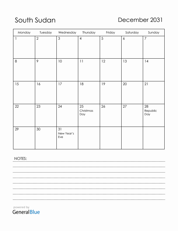 December 2031 South Sudan Calendar with Holidays (Monday Start)