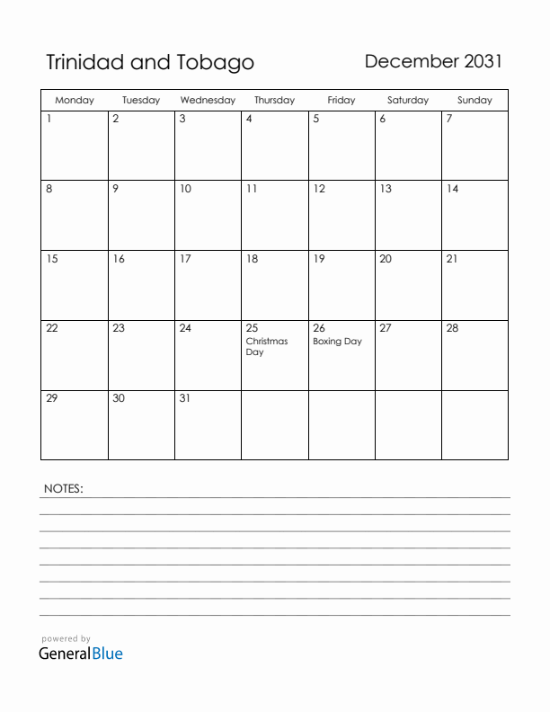 December 2031 Trinidad and Tobago Calendar with Holidays (Monday Start)