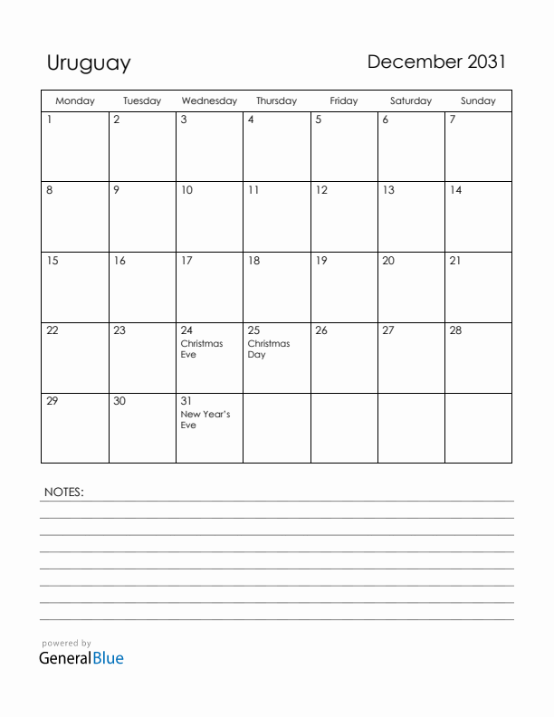 December 2031 Uruguay Calendar with Holidays (Monday Start)