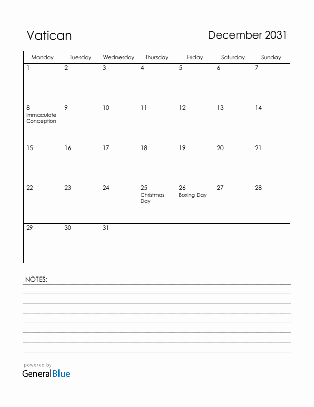 December 2031 Vatican Calendar with Holidays (Monday Start)