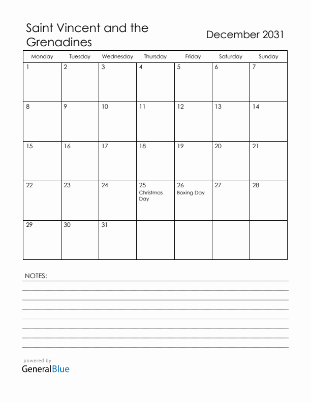 December 2031 Saint Vincent and the Grenadines Calendar with Holidays (Monday Start)