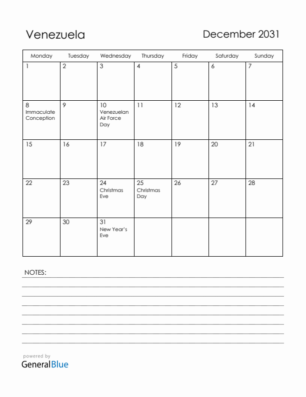 December 2031 Venezuela Calendar with Holidays (Monday Start)