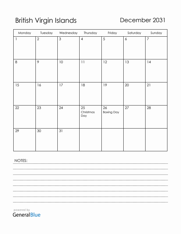 December 2031 British Virgin Islands Calendar with Holidays (Monday Start)