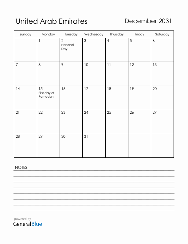 December 2031 United Arab Emirates Calendar with Holidays (Sunday Start)