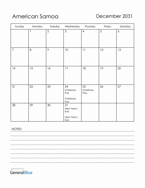 December 2031 American Samoa Calendar with Holidays (Sunday Start)
