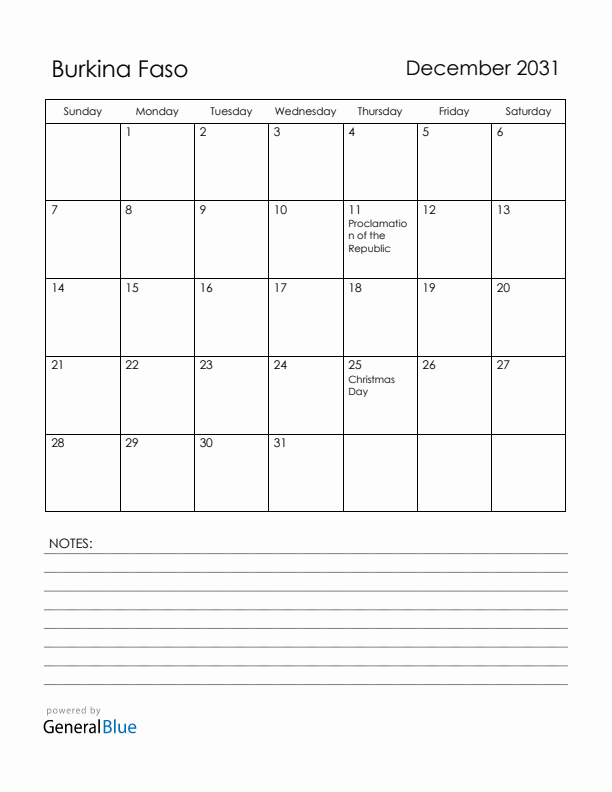 December 2031 Burkina Faso Calendar with Holidays (Sunday Start)