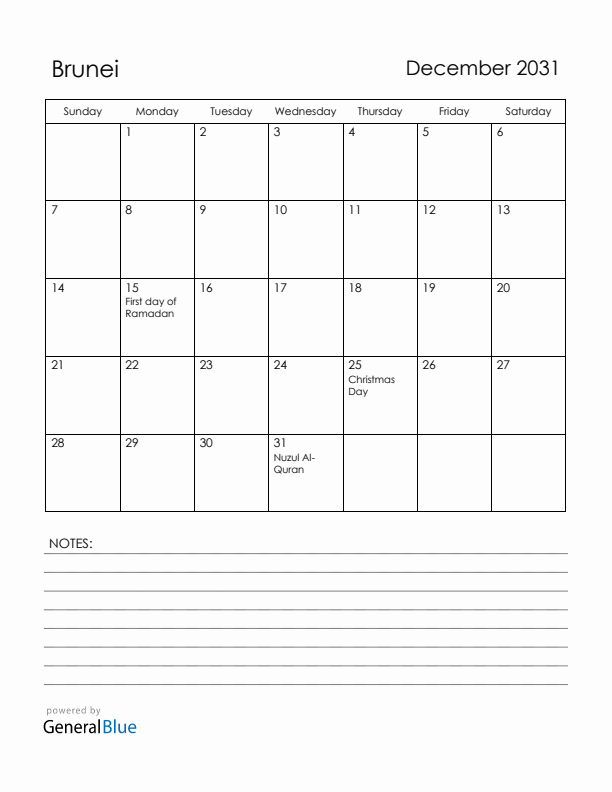 December 2031 Brunei Calendar with Holidays (Sunday Start)