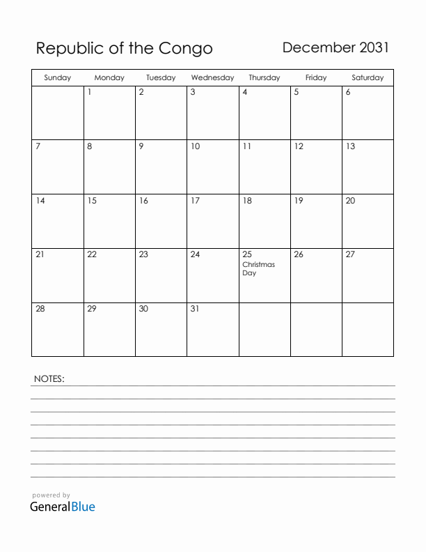 December 2031 Republic of the Congo Calendar with Holidays (Sunday Start)