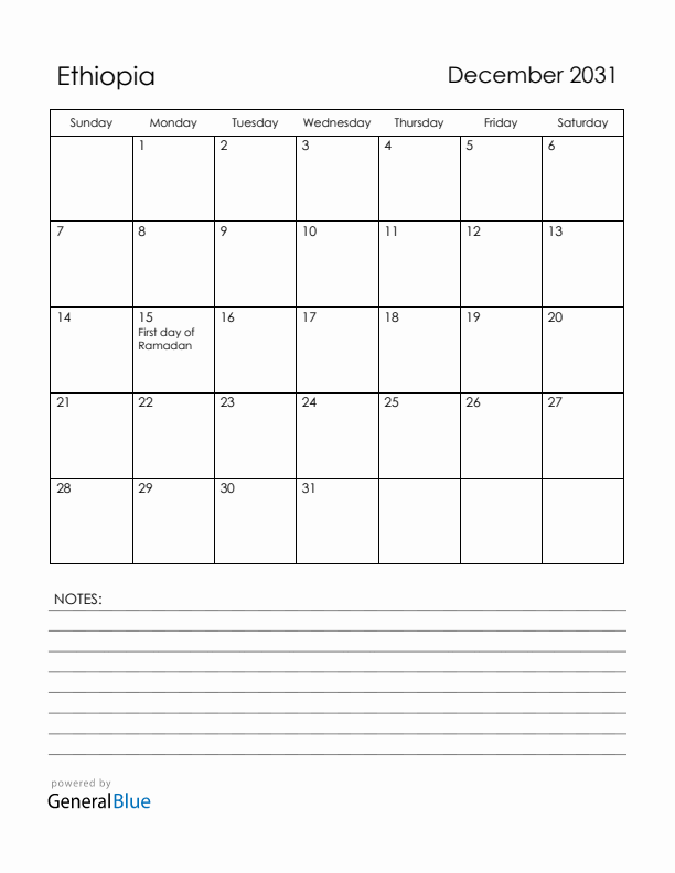 December 2031 Ethiopia Calendar with Holidays (Sunday Start)