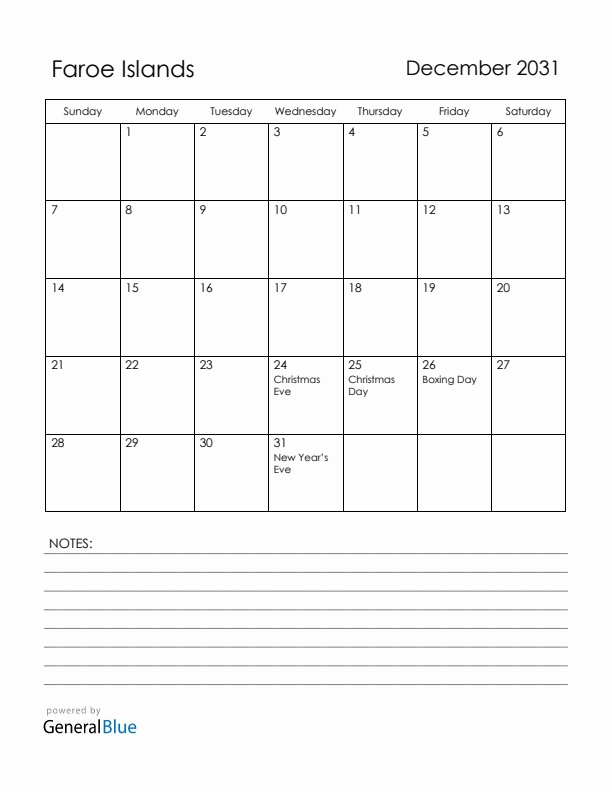 December 2031 Faroe Islands Calendar with Holidays (Sunday Start)