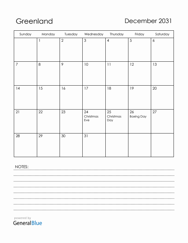 December 2031 Greenland Calendar with Holidays (Sunday Start)