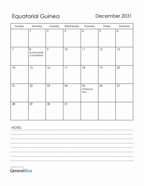 December 2031 Equatorial Guinea Calendar with Holidays (Sunday Start)