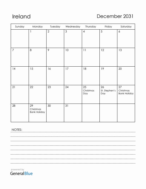 December 2031 Ireland Calendar with Holidays (Sunday Start)