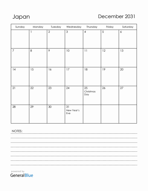 December 2031 Japan Calendar with Holidays (Sunday Start)