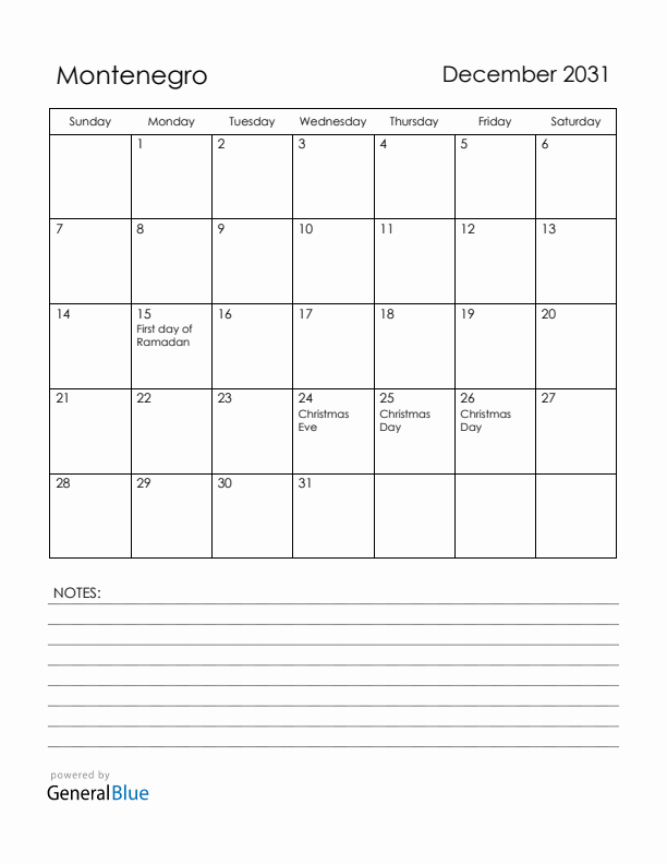 December 2031 Montenegro Calendar with Holidays (Sunday Start)