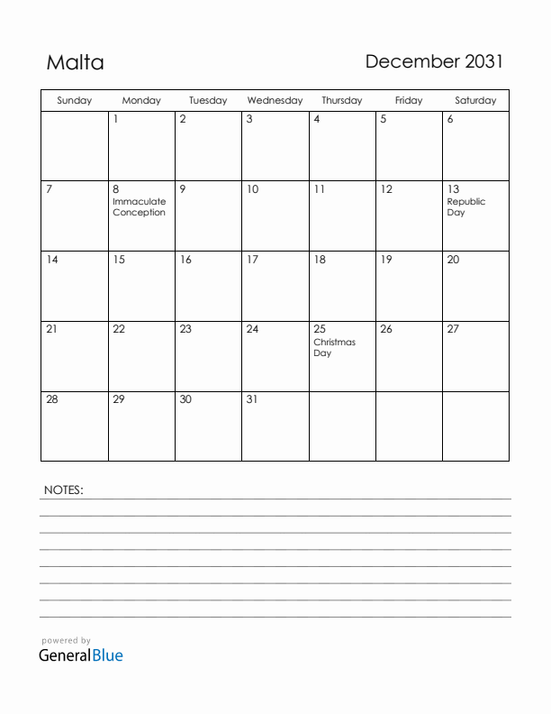 December 2031 Malta Calendar with Holidays (Sunday Start)
