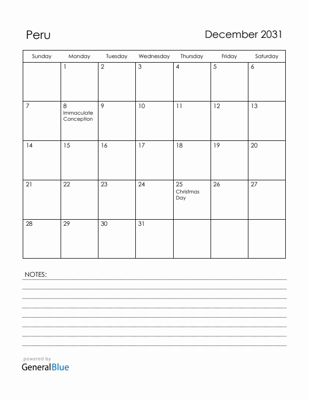 December 2031 Peru Calendar with Holidays (Sunday Start)