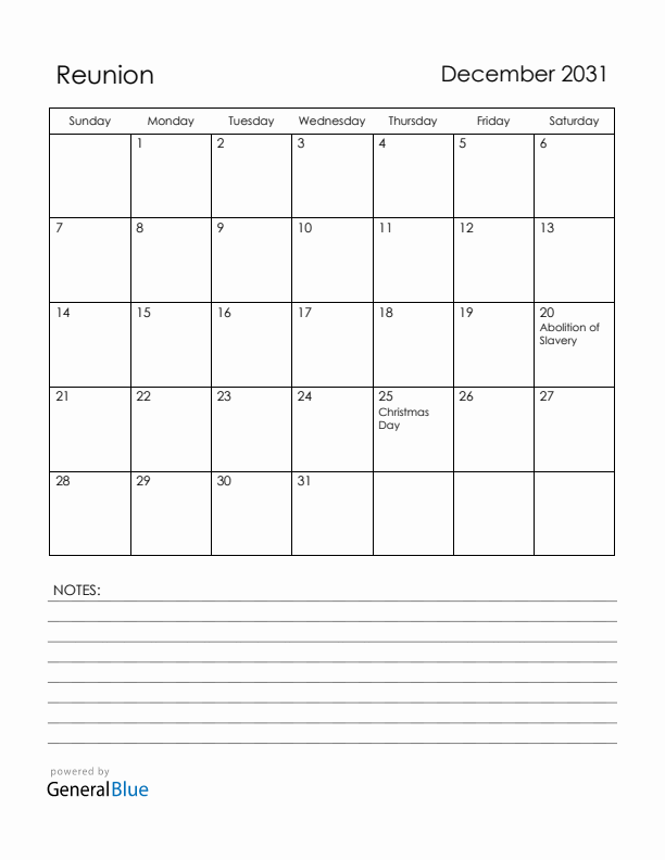 December 2031 Reunion Calendar with Holidays (Sunday Start)