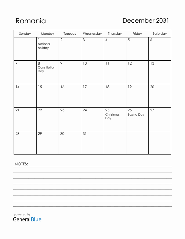 December 2031 Romania Calendar with Holidays (Sunday Start)