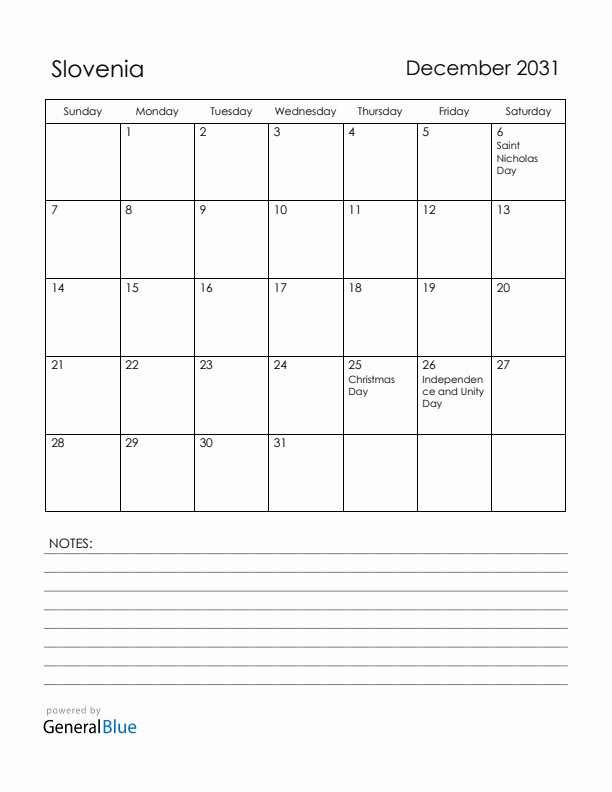 December 2031 Slovenia Calendar with Holidays (Sunday Start)