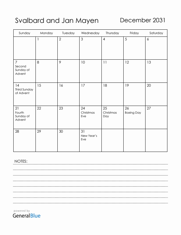 December 2031 Svalbard and Jan Mayen Calendar with Holidays (Sunday Start)