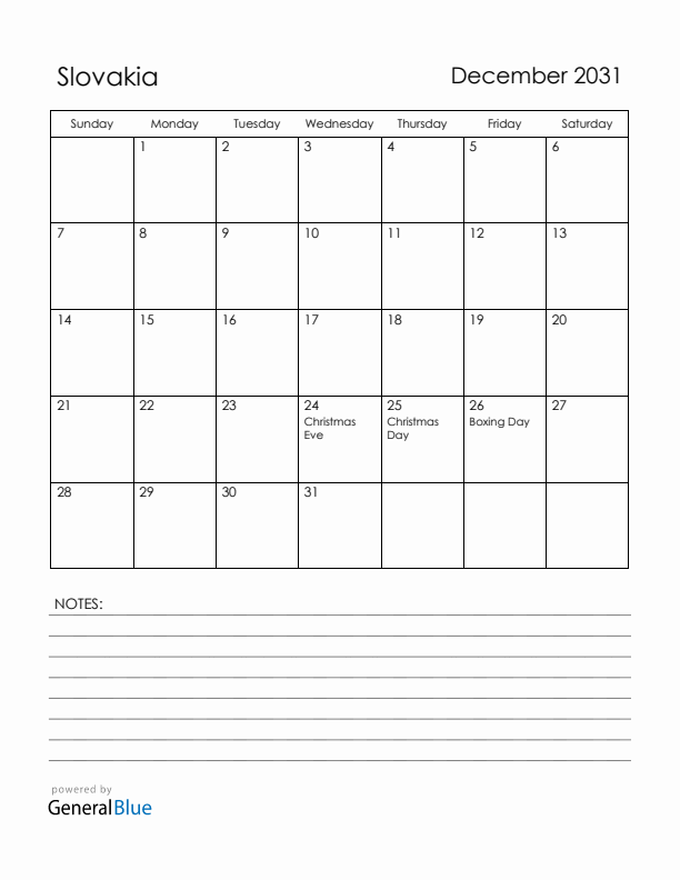 December 2031 Slovakia Calendar with Holidays (Sunday Start)