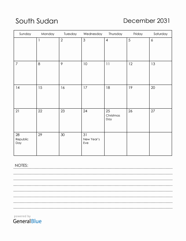 December 2031 South Sudan Calendar with Holidays (Sunday Start)