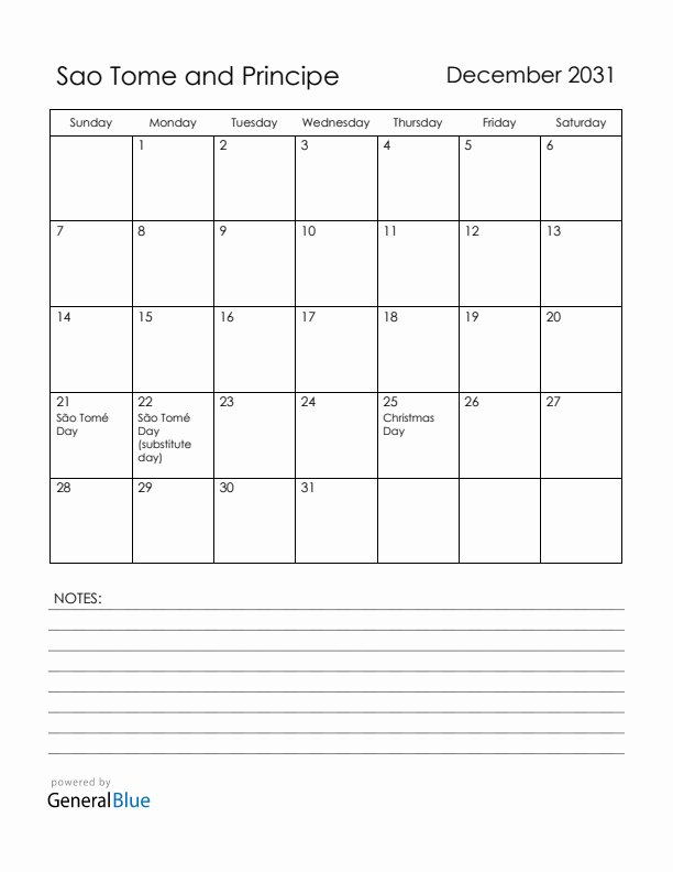 December 2031 Sao Tome and Principe Calendar with Holidays (Sunday Start)
