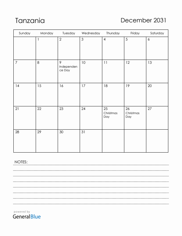 December 2031 Tanzania Calendar with Holidays (Sunday Start)