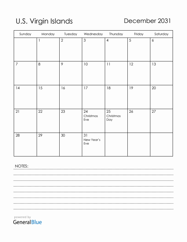 December 2031 U.S. Virgin Islands Calendar with Holidays (Sunday Start)