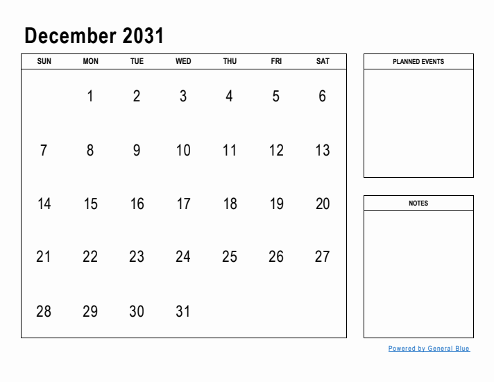 December 2031 Calendar Planner