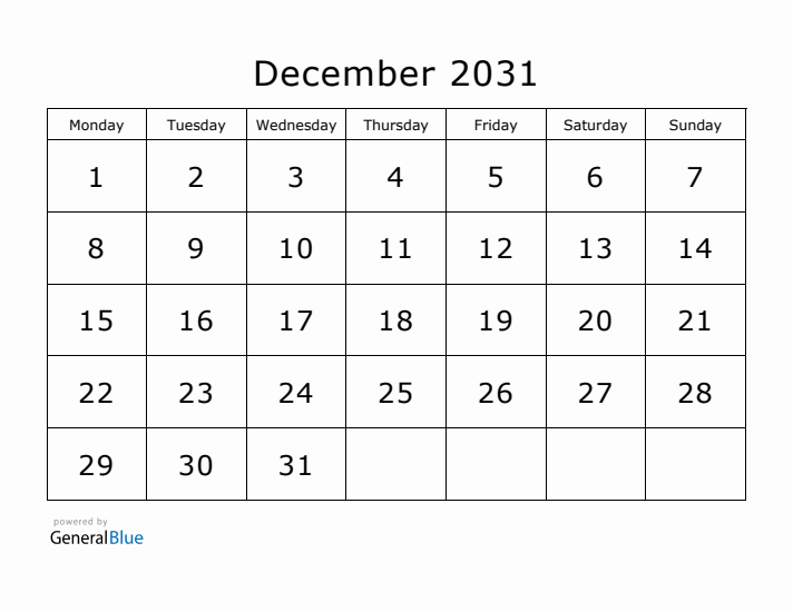 Printable December 2031 Calendar - Monday Start