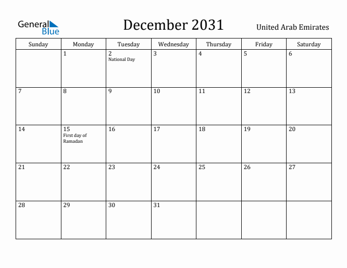 December 2031 Calendar United Arab Emirates