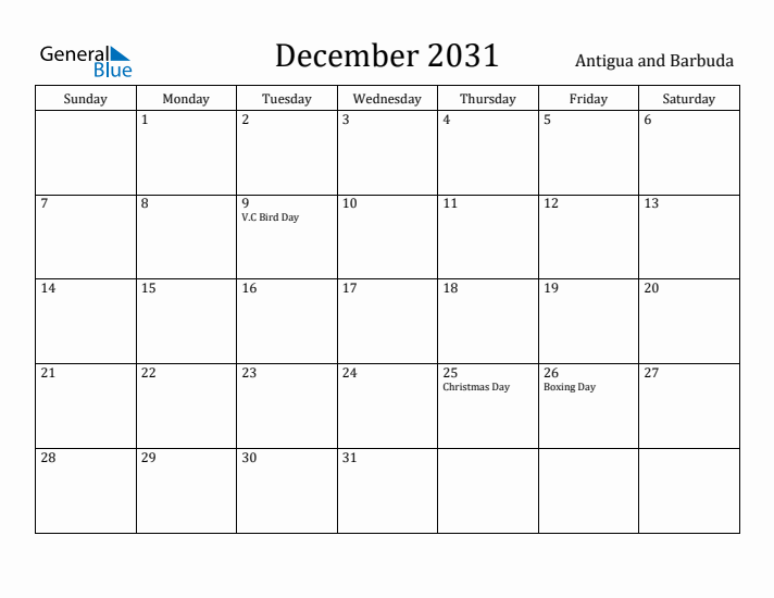 December 2031 Calendar Antigua and Barbuda