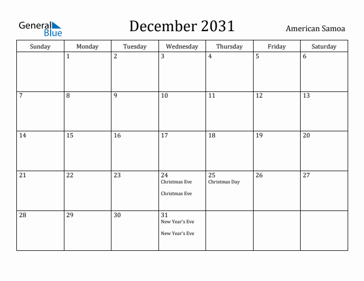 December 2031 Calendar American Samoa