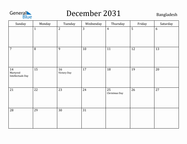 December 2031 Calendar Bangladesh